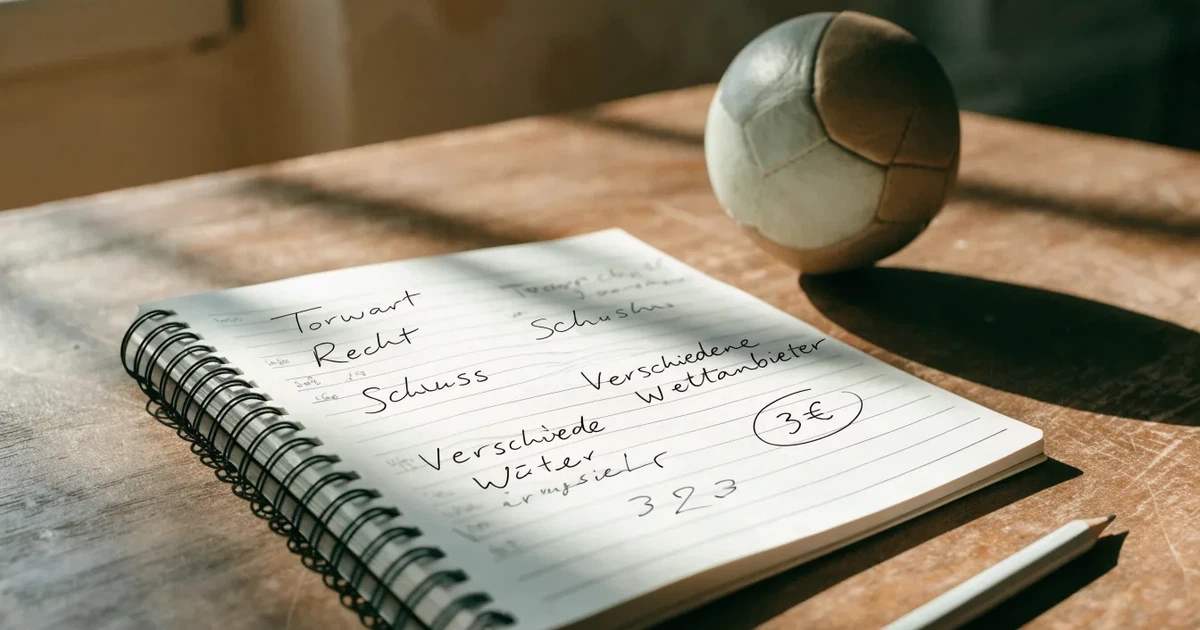 Ein Notizbuch mit handschriftlichen Notizen und einem Bleistift liegt auf einem Holztisch, daneben ein kleiner Fußball im Tageslicht.