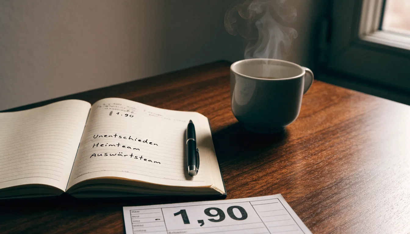 Ein Notizbuch mit handschriftlichen Notizen und ein Taschenrechner stehen auf einem Schreibtisch, daneben eine Tasse.