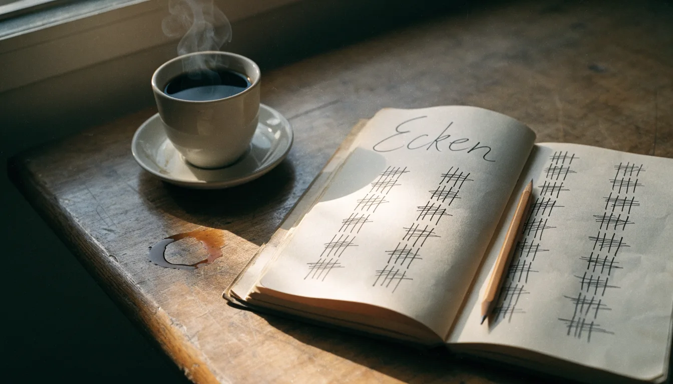 Ein Notizbuch mit handgeschriebenen Strichlisten liegt neben einem Bleistift und einer Kaffeetasse auf einem Holztisch.
