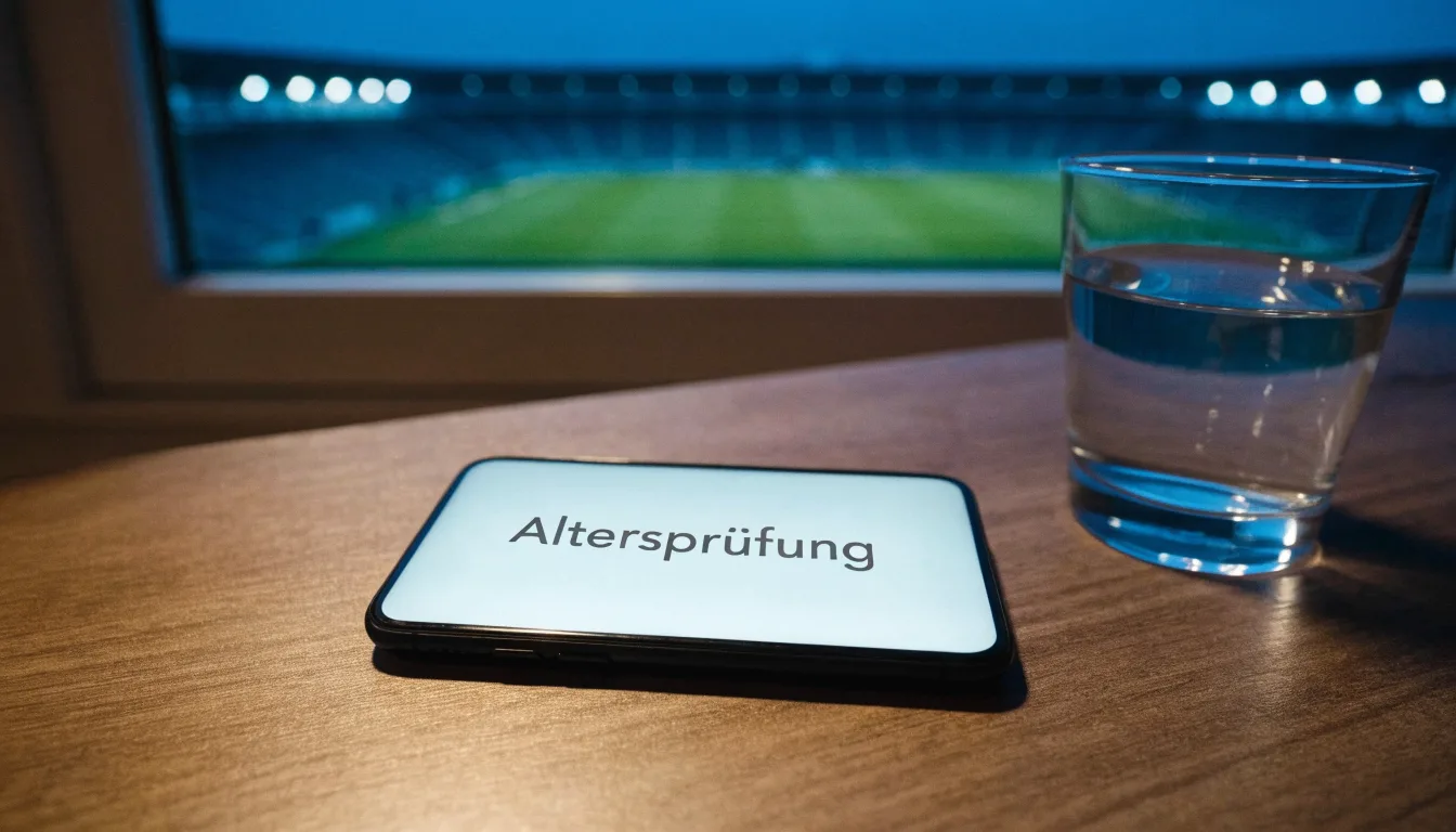 Ein Smartphone mit dunklem Display liegt auf einem Schreibtisch neben einem Glas Wasser, im Fenster dahinter ein Stadion im Dämmerlicht.