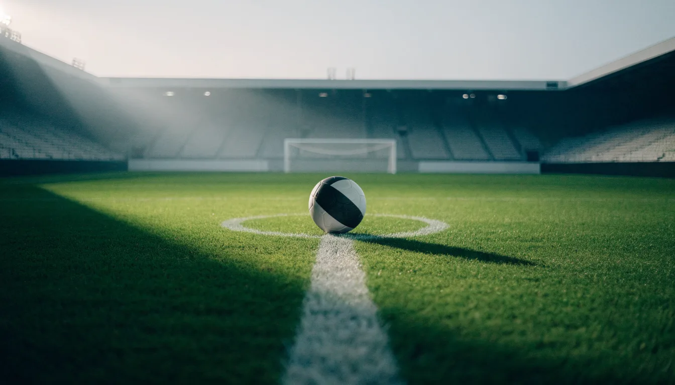 Ein Fußball liegt auf dem Mittelkreis eines leeren Rasenplatzes unter Flutlicht am frühen Abend, die Tribünen sind nur schemenhaft zu erkennen.