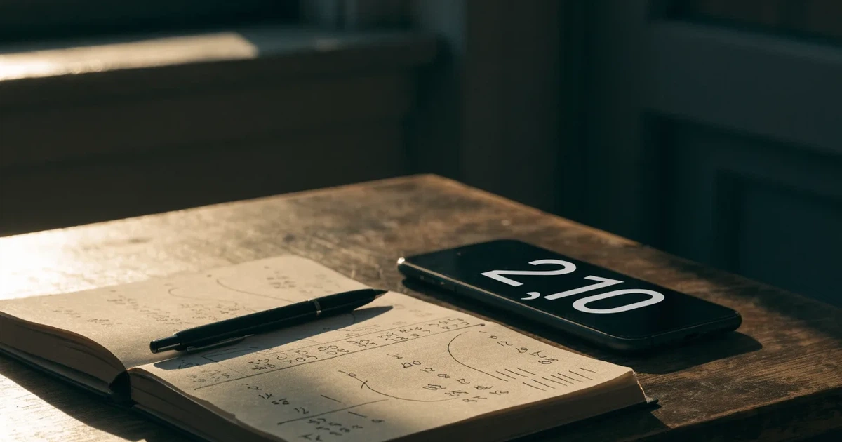Ein aufgeschlagenes Notizbuch mit handgezeichneten Kurven und Strichen liegt neben einem Taschenrechner auf einem Schreibtisch im Morgenlicht.