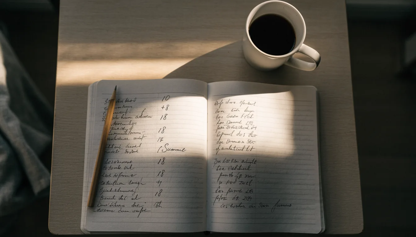 Ein Notizbuch mit handschriftlichen Zahlenreihen und ein Bleistift liegen auf einem Küchentisch neben einer Tasse.
