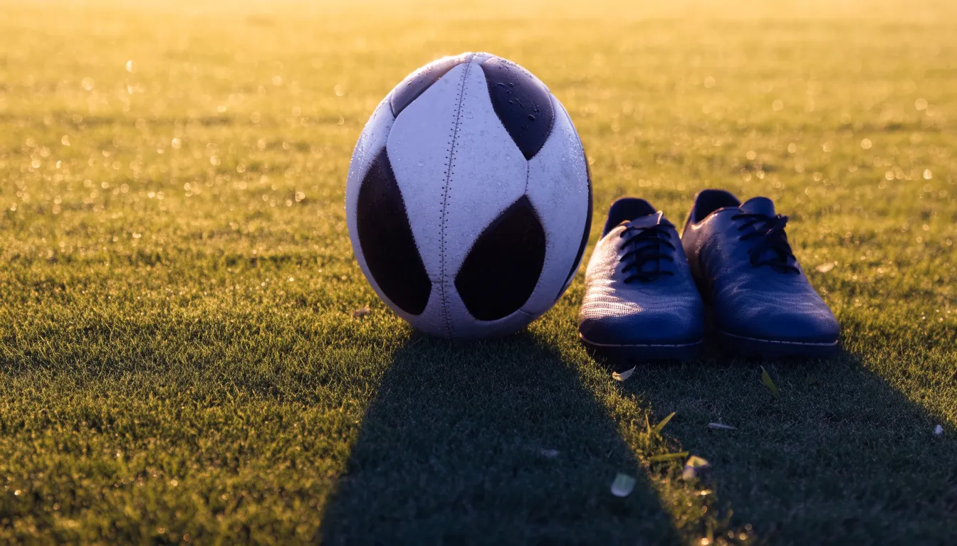 Ein Fußball auf frisch gemähtem Rasen im Morgenlicht, daneben ein Paar Fußballschuhe ohne erkennbare Marke.