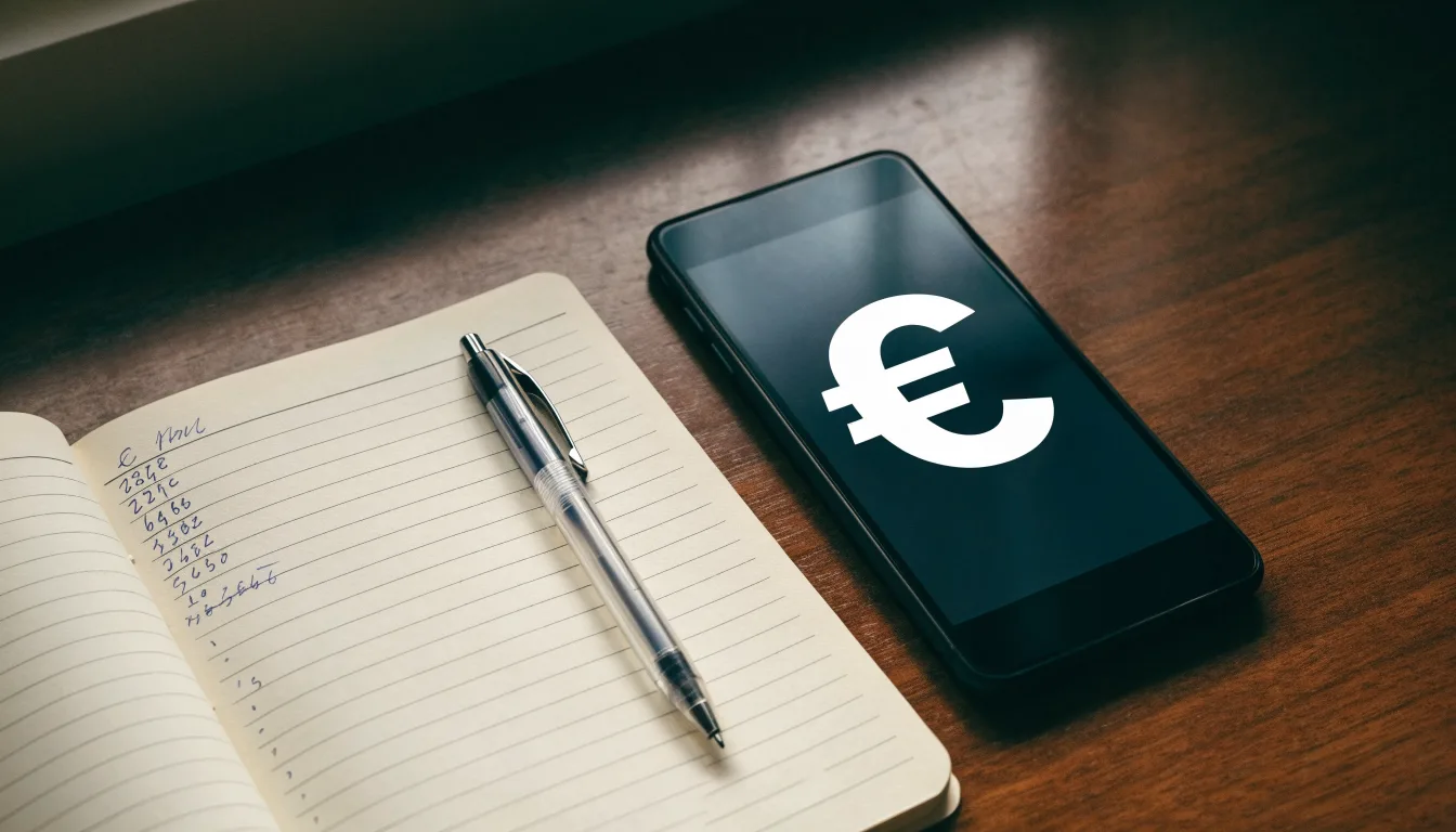 Ein Notizbuch mit handgeschriebenen Zahlen und ein Kugelschreiber liegen auf einem Tisch, daneben ein Smartphone mit schwarzem Bildschirm.