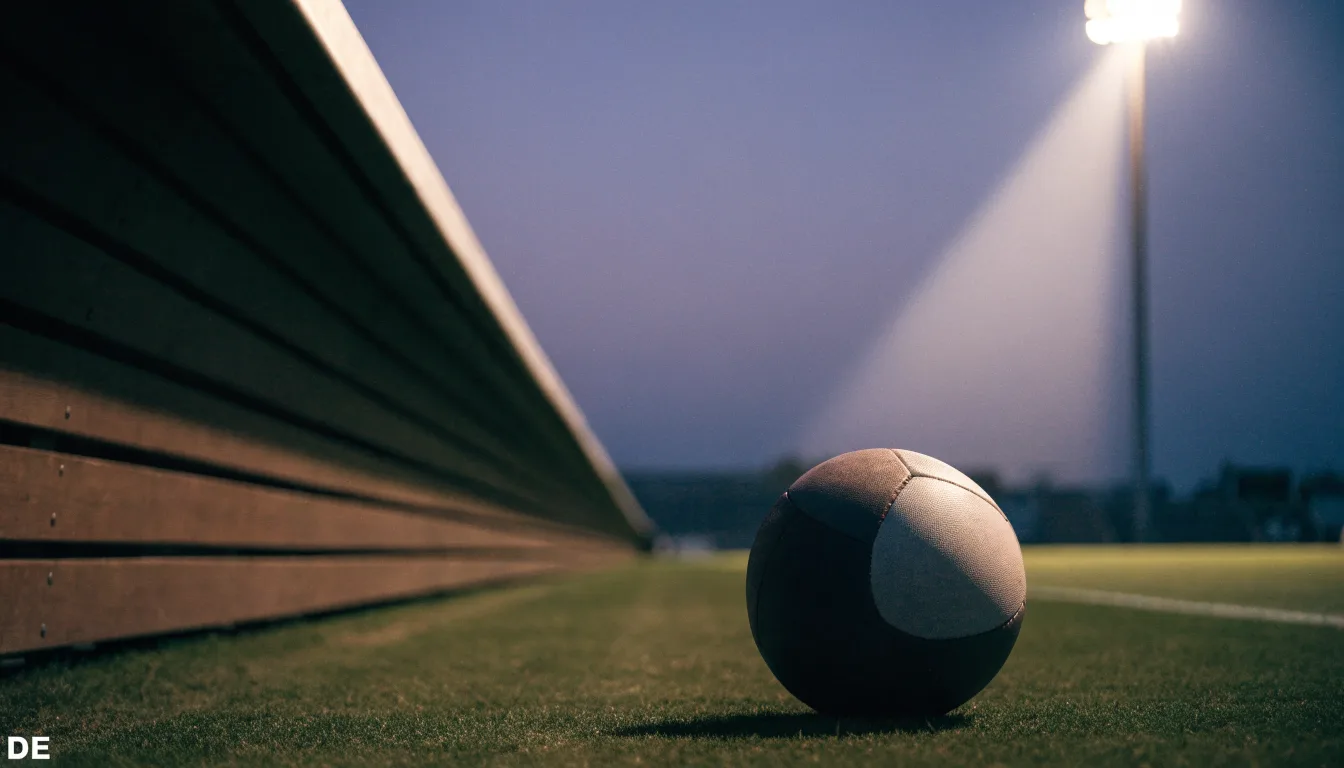 Ein Fußball liegt am Spielfeldrand neben einer leeren Ersatzbank, das Flutlicht über dem Platz leuchtet in der Dämmerung.
