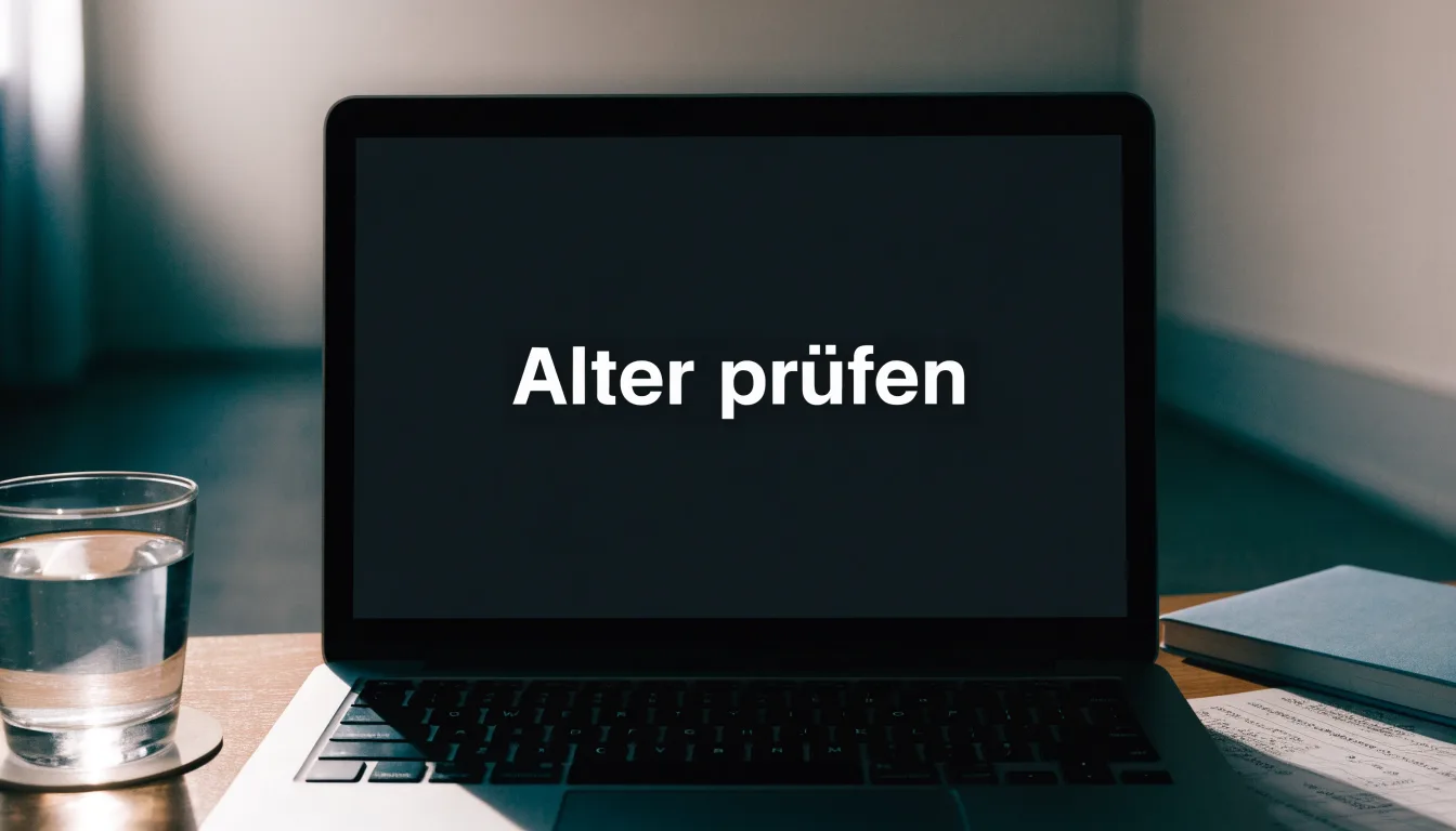 Ein Laptop mit dunklem Bildschirm steht aufgeklappt auf einem Schreibtisch, daneben ein Notizbuch und ein Glas Wasser.