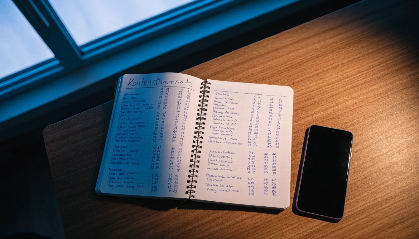 Ein Notizbuch mit handschriftlichen Zahlen liegt neben einem Smartphone mit dunklem Display auf einem Tisch, im Fenster Dämmerlicht.