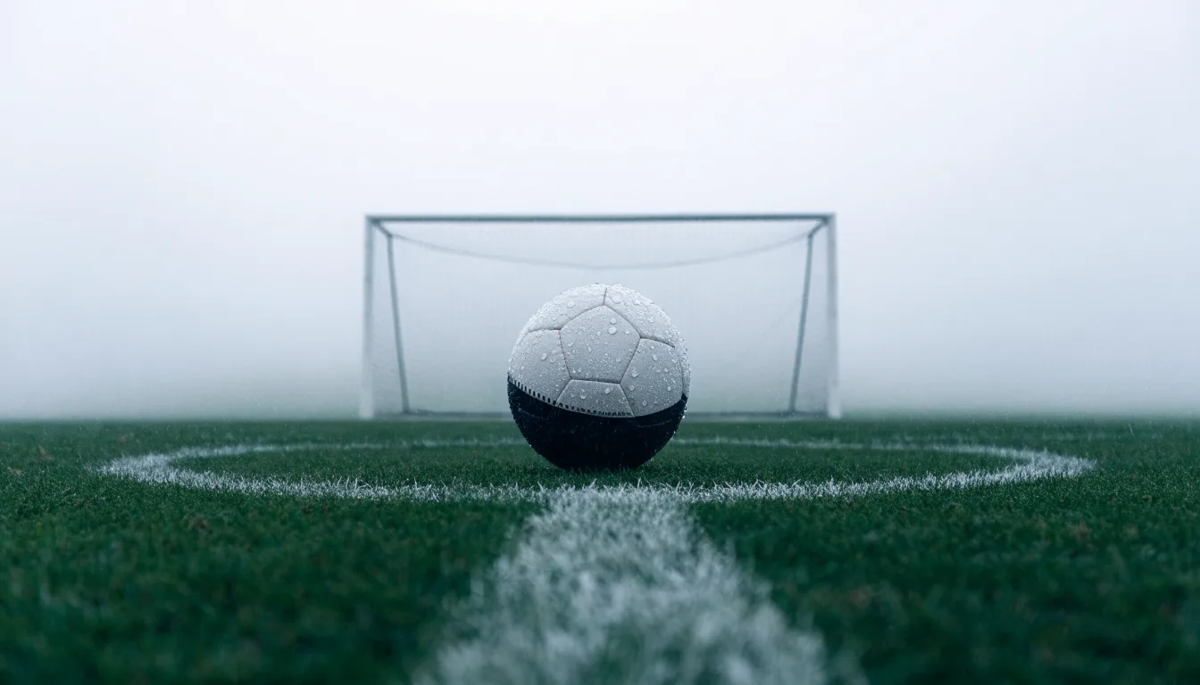 Ein Fußball liegt auf dem Elfmeterpunkt eines nassen Rasenplatzes, im Hintergrund ein leeres Tor im Nebel.
