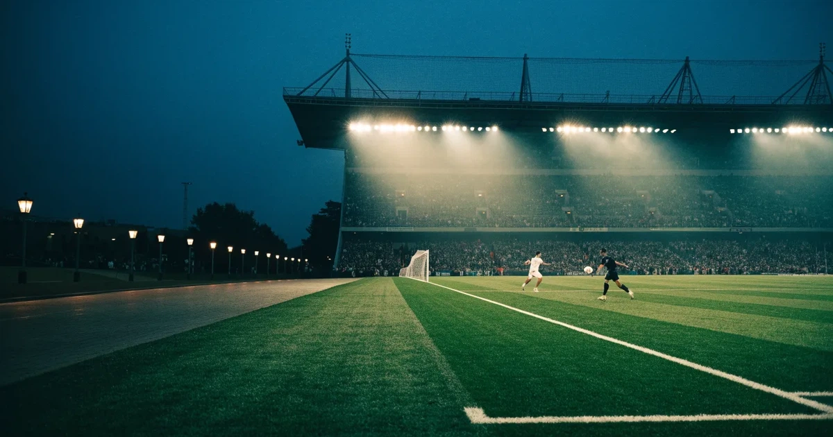 Ein großes Fußballstadion mit hell erleuchtetem Rund, aus der Ferne am Abend gesehen, davor eine breite Allee mit Laternen.