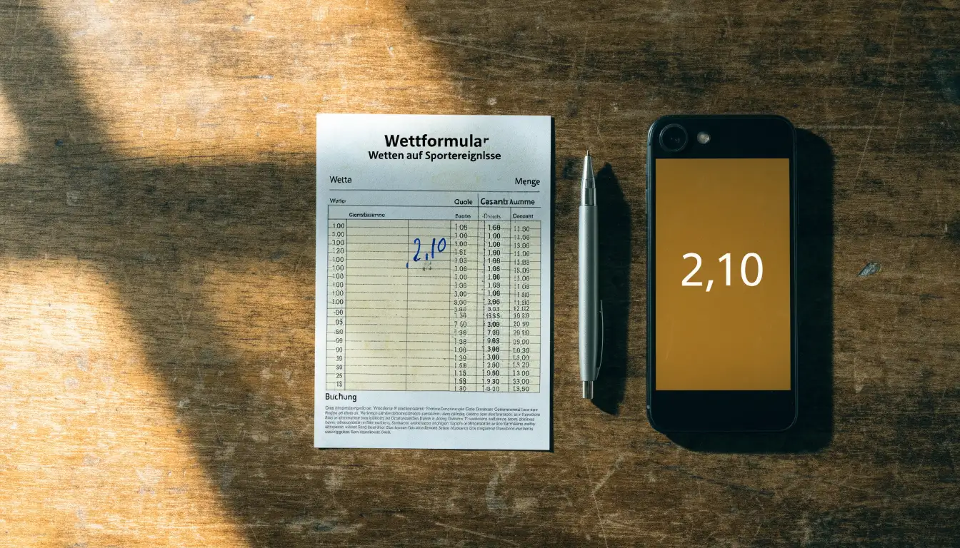 Ein leerer Papier-Wettschein und ein Kugelschreiber liegen auf einem Holztisch neben einem schwarzen Smartphone.
