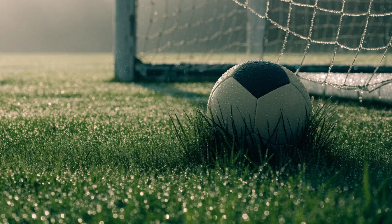 Ein Fußball liegt auf dem Rasen vor einem Tor im Morgennebel, die Netzmaschen sind taufeucht.
