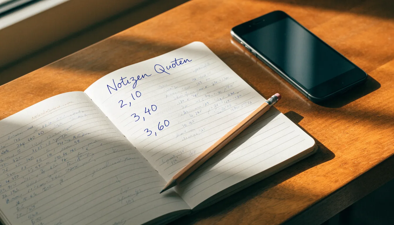 Ein Notizbuch mit handschriftlichen Zahlenreihen liegt neben einem Bleistift und einem Smartphone mit dunklem Display auf einem Tisch.