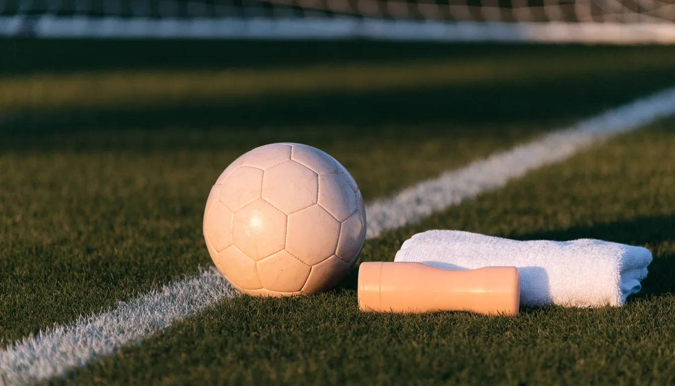 Ein Fußball auf einer Wiese neben der Seitenlinie, daneben eine Trinkflasche ohne Aufdruck und ein Handtuch.