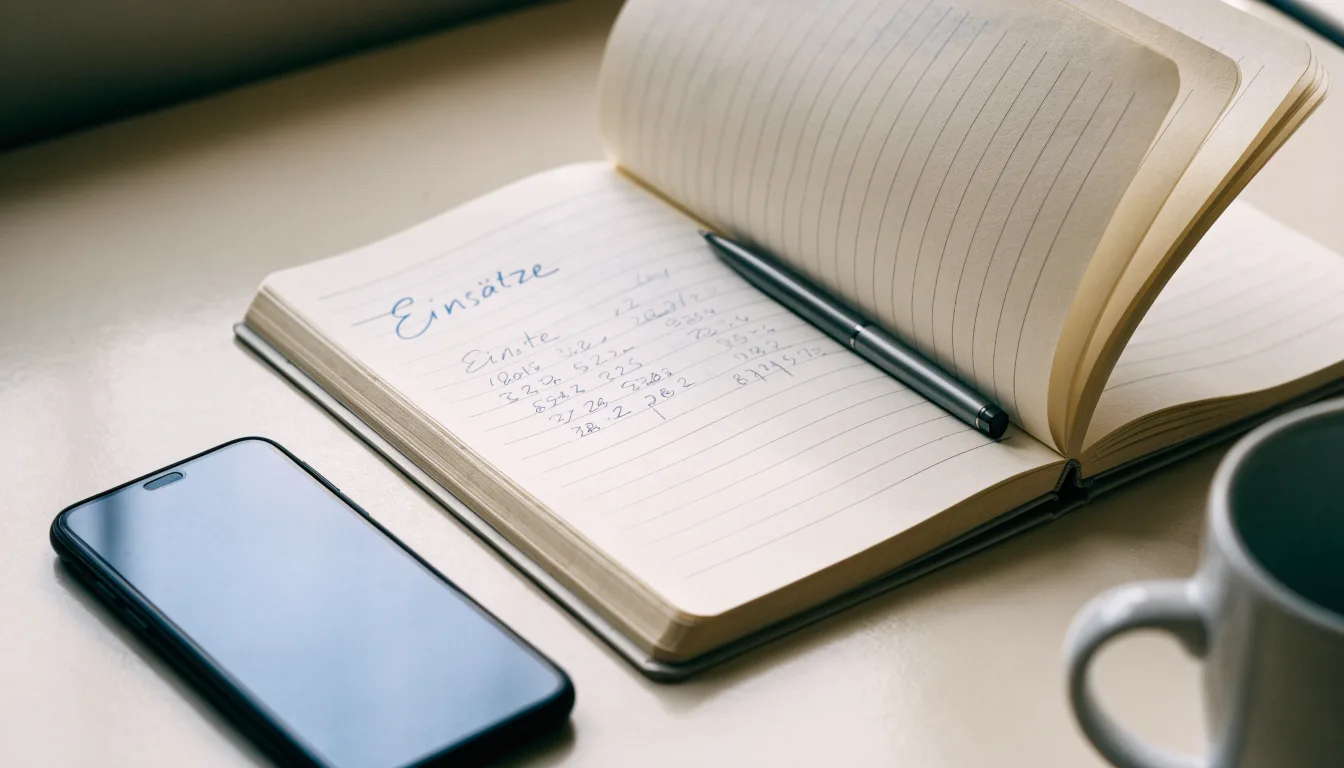 Ein Notizbuch mit handschriftlichen Notizen und ein Taschenrechner liegen auf einem Schreibtisch neben einem Smartphone mit dunklem Display.