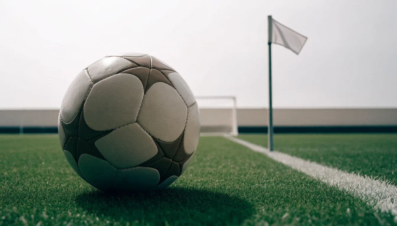 Ein Fußball liegt neben einer Eckfahne auf kurz gemähtem Rasen unter bewölktem Himmel.
