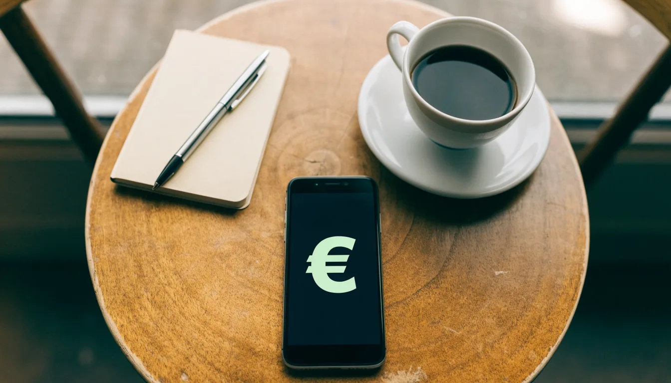 Ein Smartphone liegt mit schwarzem Display neben einer Kaffeetasse und einem Notizblock auf einem Café-Tisch.