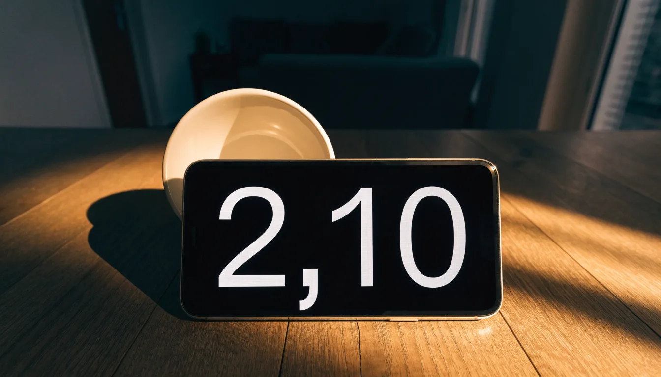 Ein Smartphone mit dunklem Display liegt neben einer Kaffeetasse auf einem Schreibtisch, durch das Fenster fällt Abendlicht.