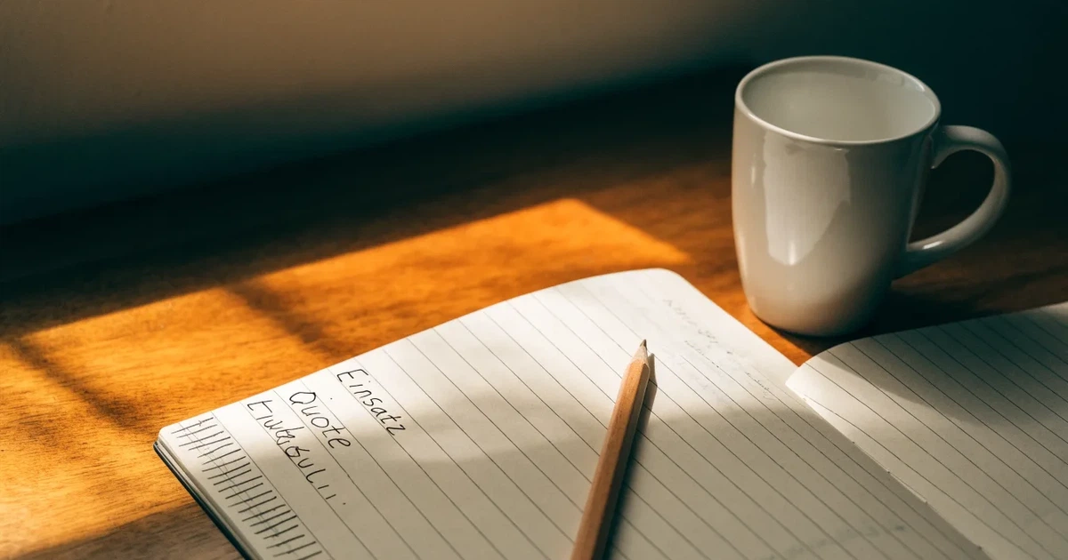 Ein aufgeschlagenes Notizbuch mit handgezeichneten Spalten und Strichen liegt neben einem Bleistift und einer Kaffeetasse auf einem Tisch am Morgen.
