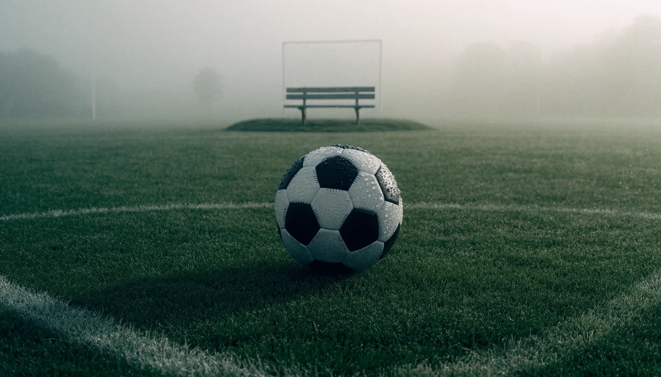 Ein Fußball liegt in der Mitte eines leeren Rasenplatzes im Morgennebel, am Rand steht eine einzelne Auswechselbank.