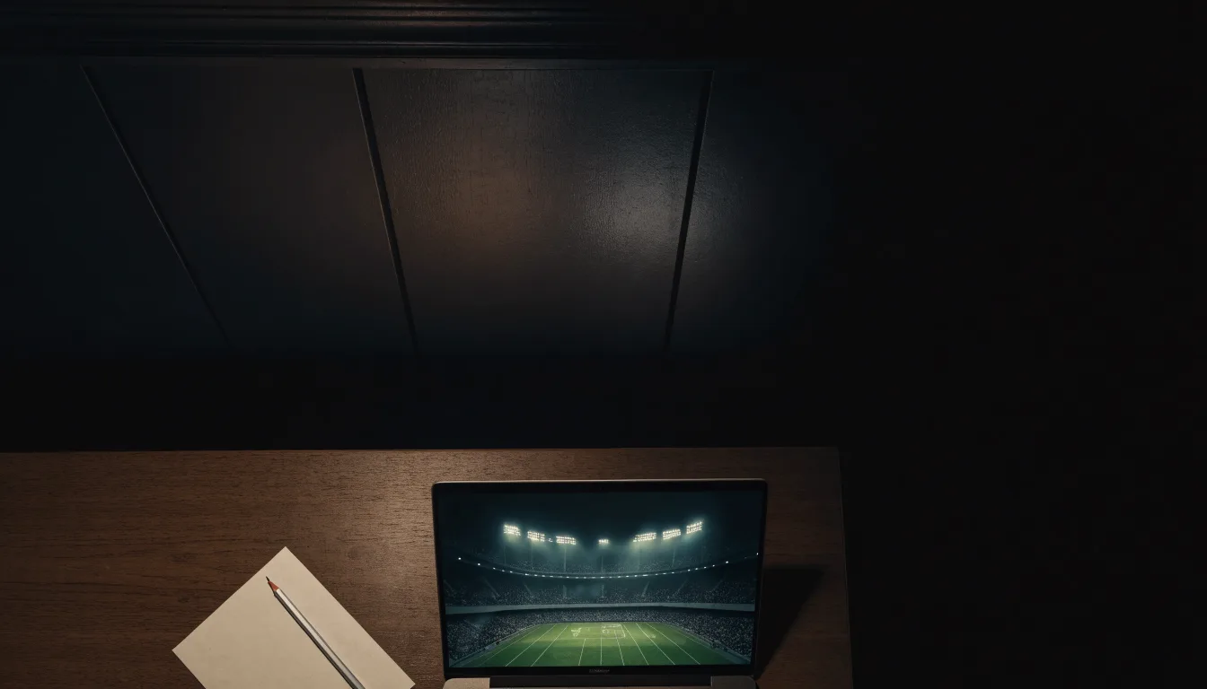 Ein Stadion unter Flutlicht von weitem gesehen, davor ein Feld und ein Feldweg im Dunkeln.